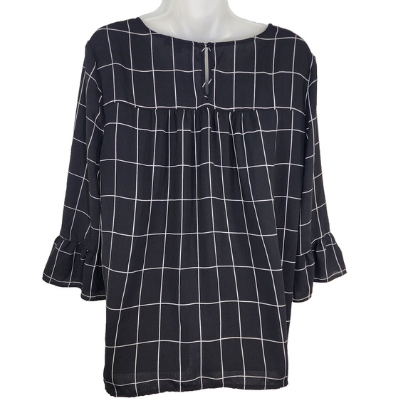 Adrianna Papell Womens Top Medium Black White Plaid Bell Sleeve Keyhole Relaxed - Picture 2 of 11